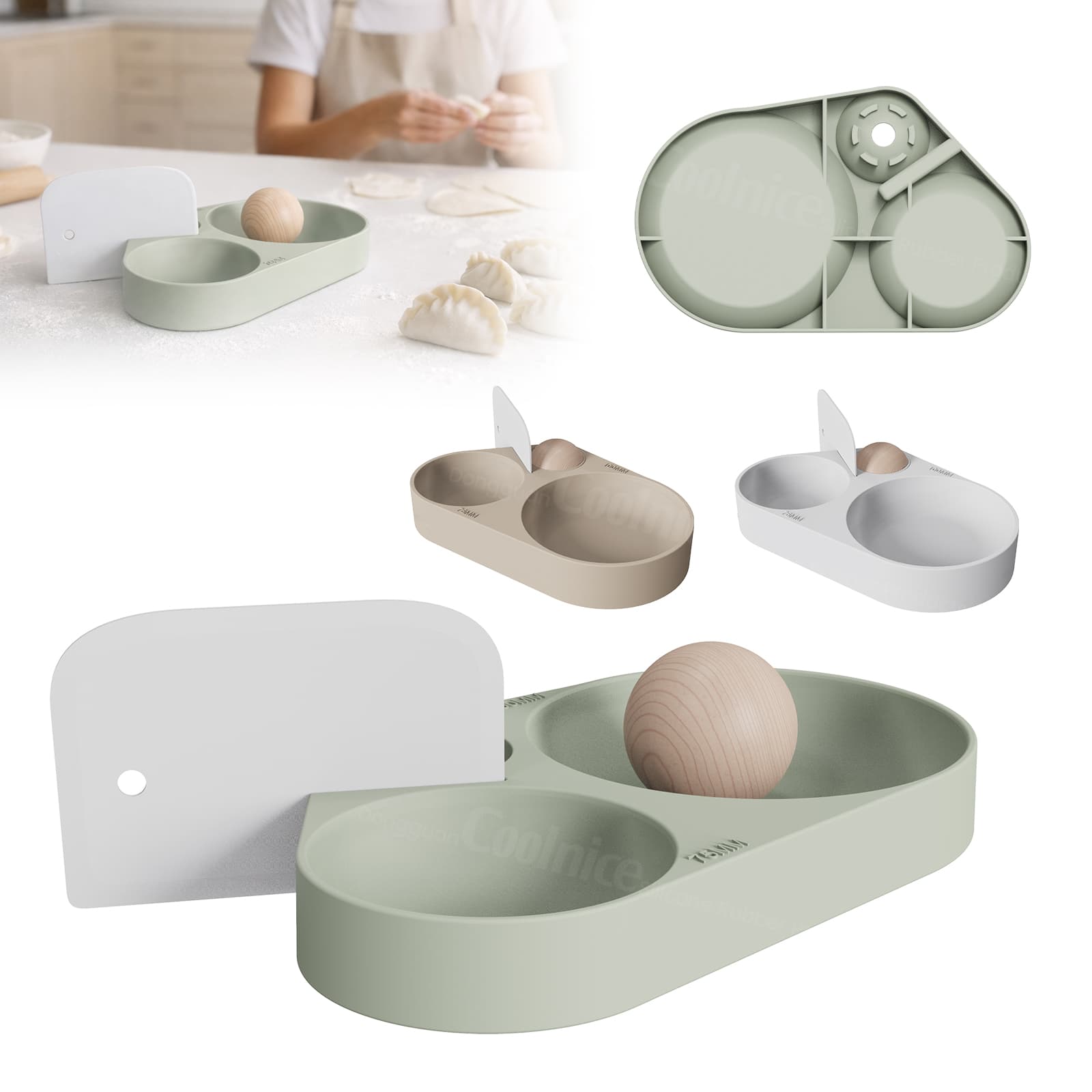 Silicone dumpling skin press mold with built in accessory storage