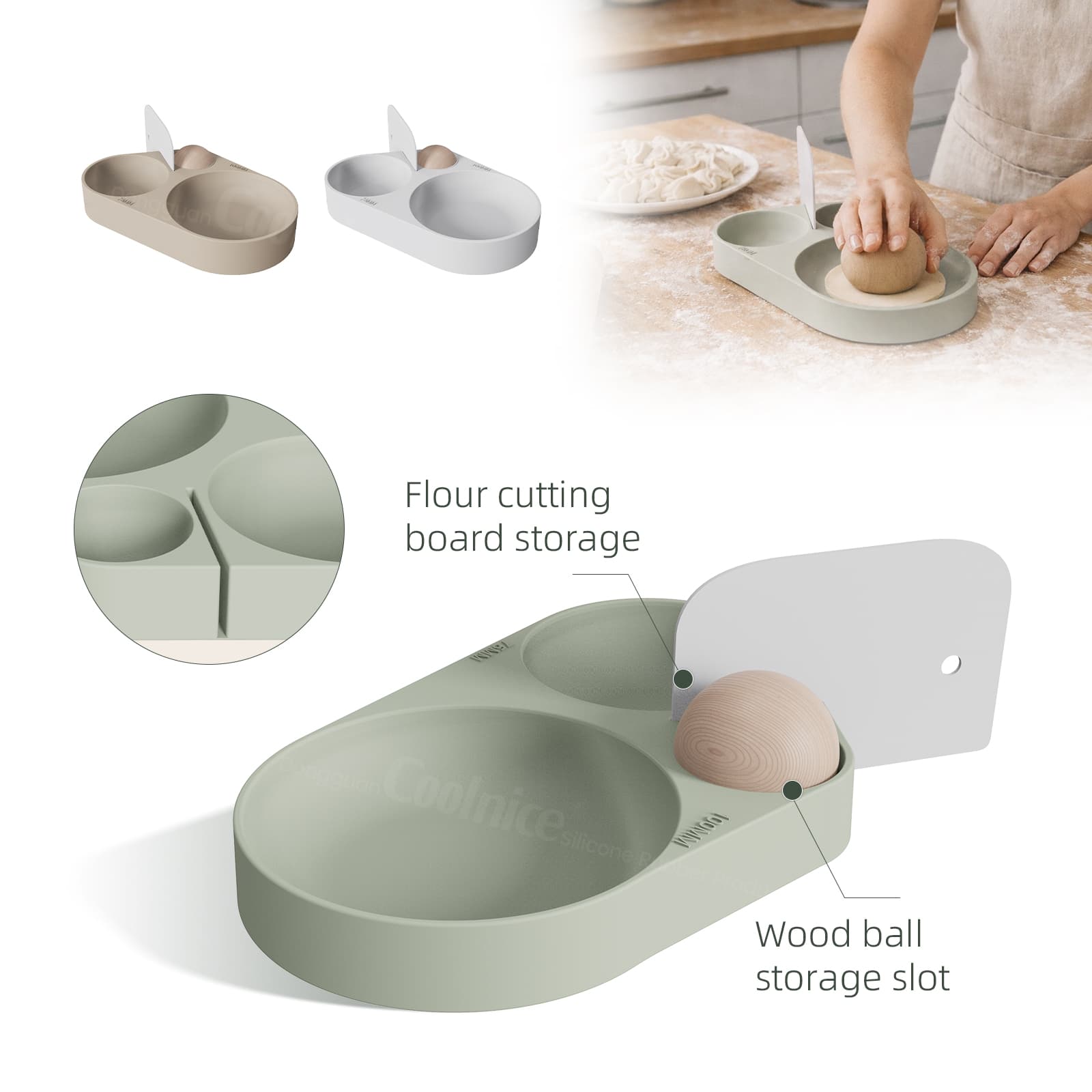Silicone dumpling skin press mold with built in storage for accessories