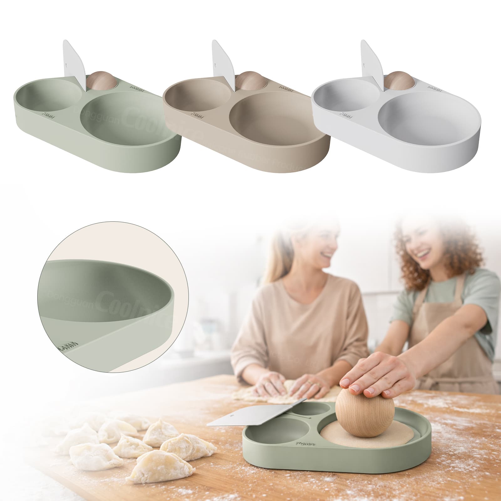 Silicone dumpling skin press mold available in multiple colors and dough sizes