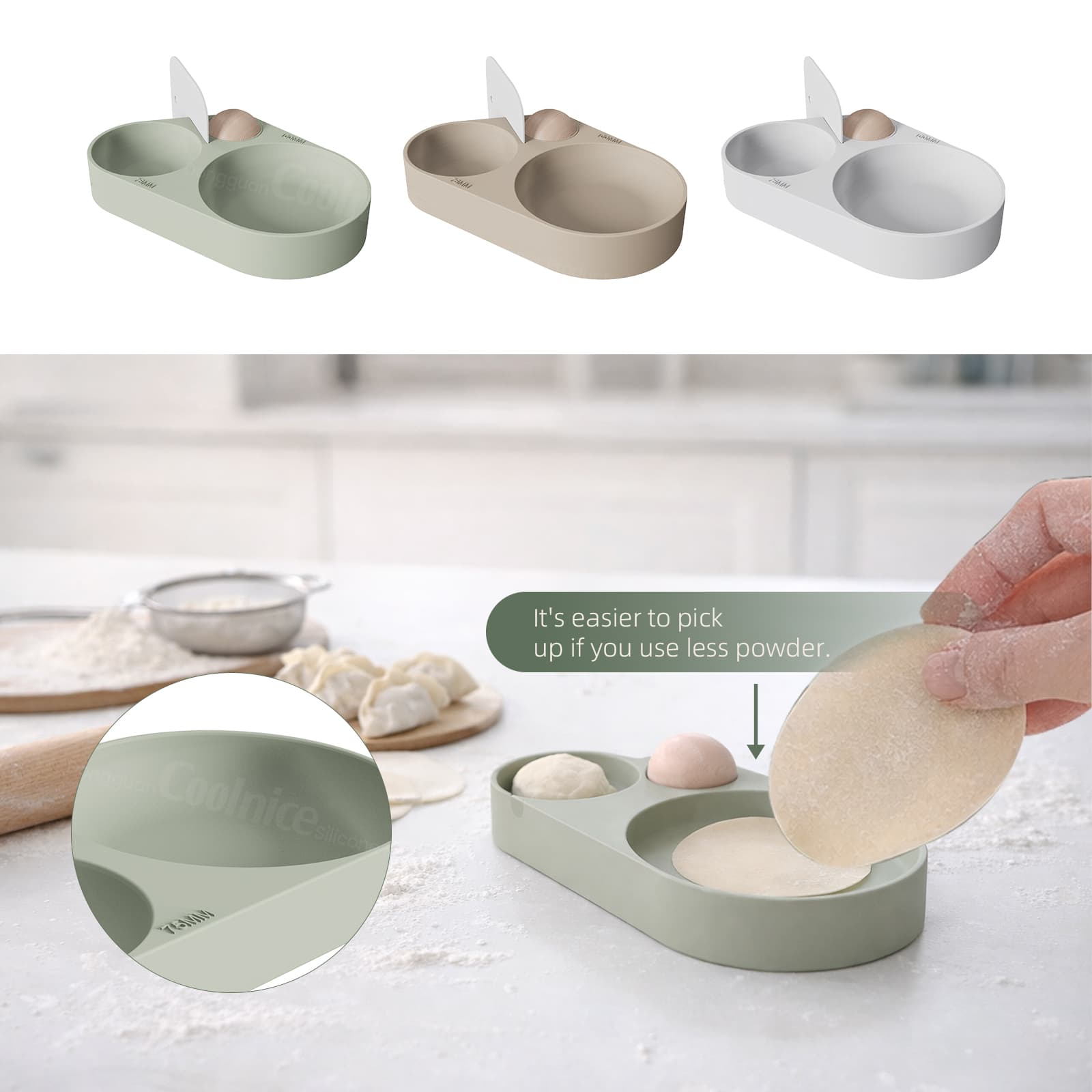 Silicone dumpling skin press mold dough size guide for dumplings and wrappers