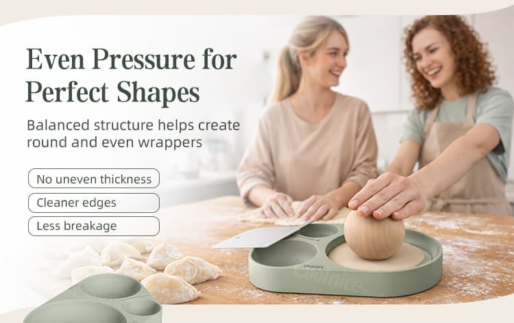 Silicone dumpling skin press mold applying even pressure for round dough wrappers