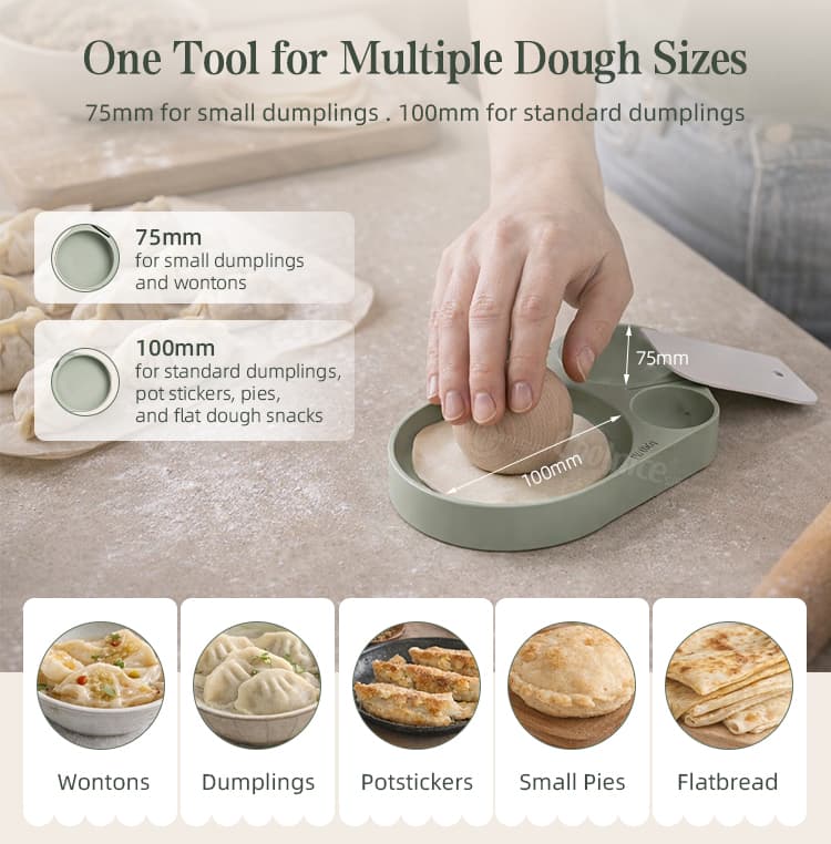 Silicone dumpling skin press mold for multiple dough sizes and wrapper types