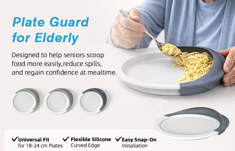 Silicone plate guard for elderly mealtime support and spill reduction