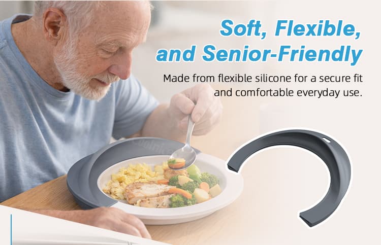 Soft flexible silicone plate guard for elderly and senior friendly dining support
