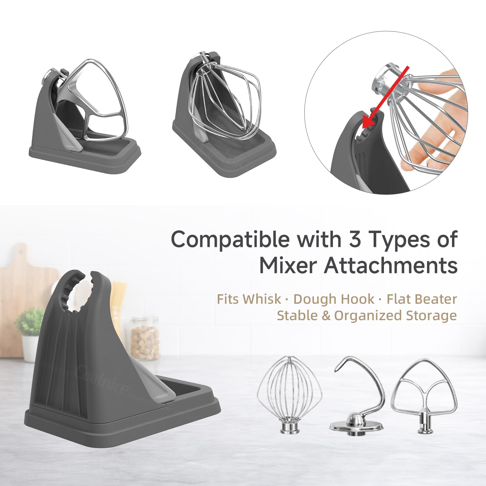 Silicone stand mixer beater holder compatible with whisk dough hook and flat beater