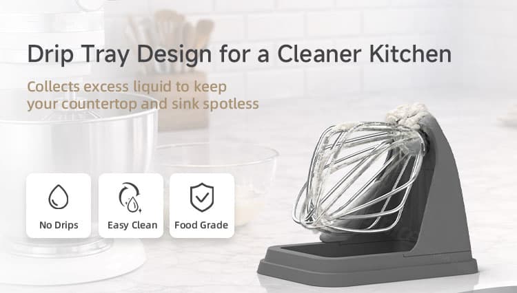 Silicone stand mixer beater holder drip tray design for cleaner kitchen countertop