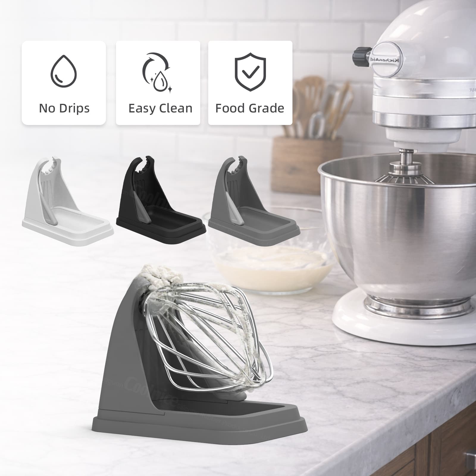 Silicone stand mixer beater holder with drip tray for batter collection