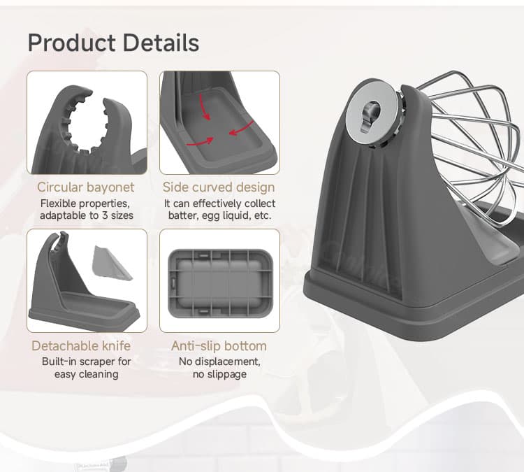 Silicone stand mixer beater holder feature details with scraper drip tray and anti slip base