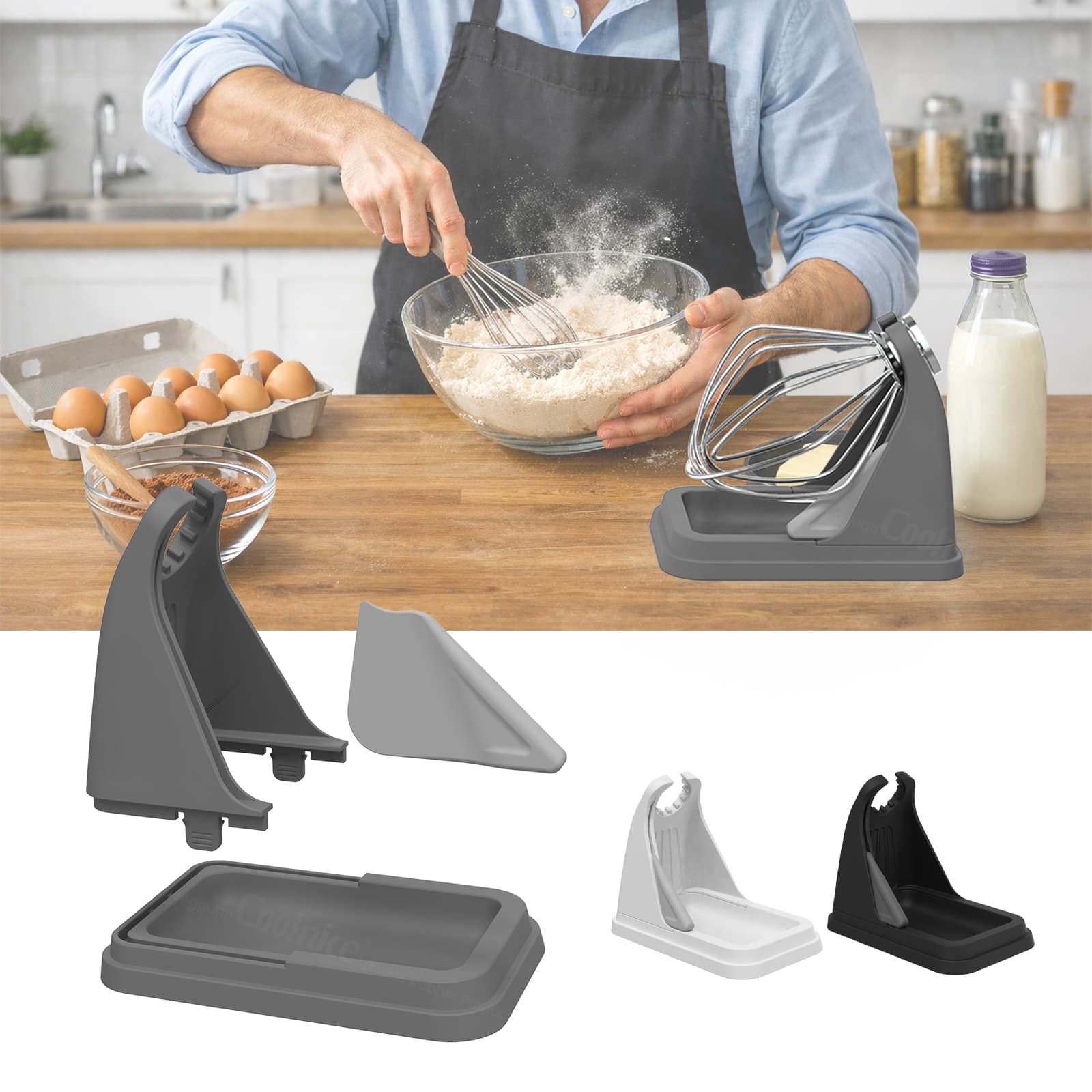 Silicone stand mixer beater holder used in kitchen while preparing batter