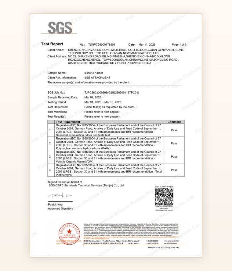 LFGB silicone material test report preview