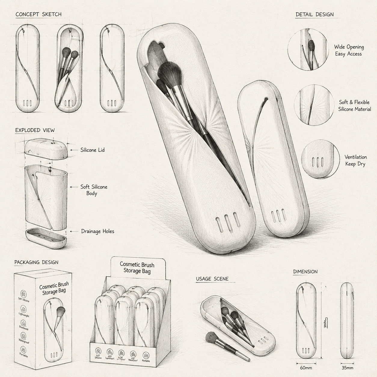 Cosmetic brush storage bag OEM design and packaging drawing