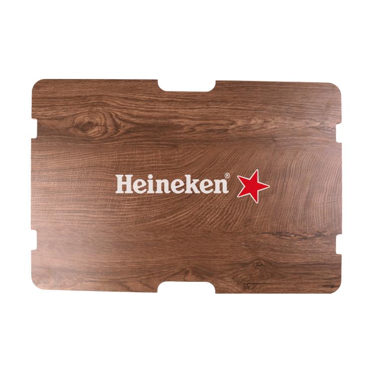 Custom wood-look tabletop panel with printed logo