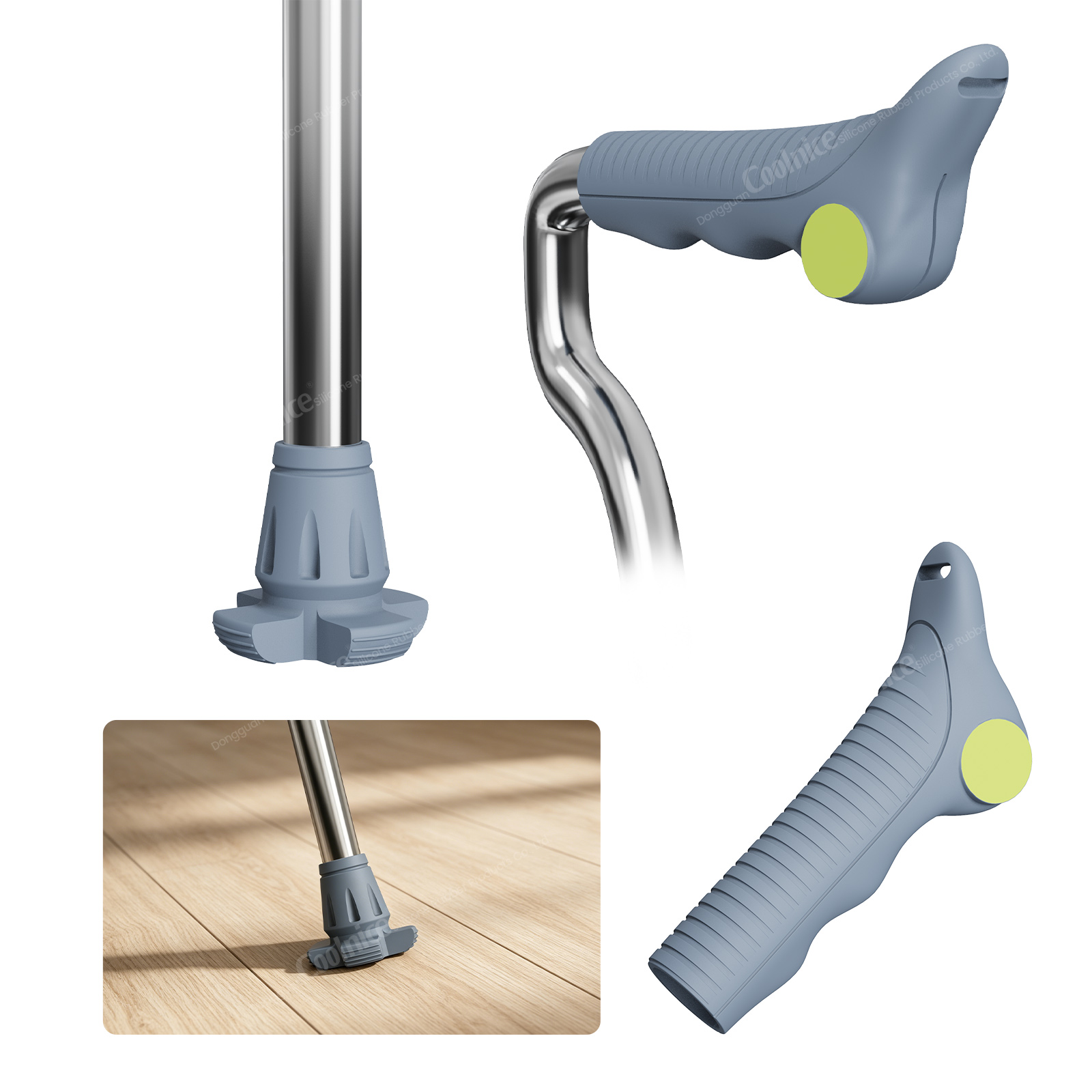 Silicone walking cane handle grip and cane tip components