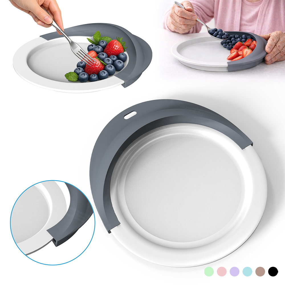 Silicone plate guard fitted to a plate, shown with dining use and design details