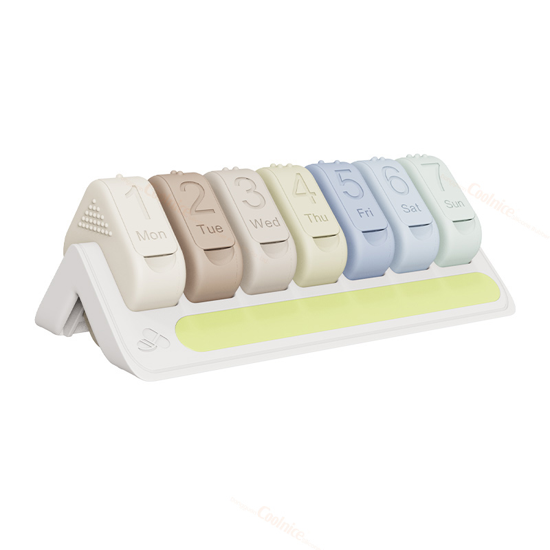 Seven-compartment color-coded pill organizer example