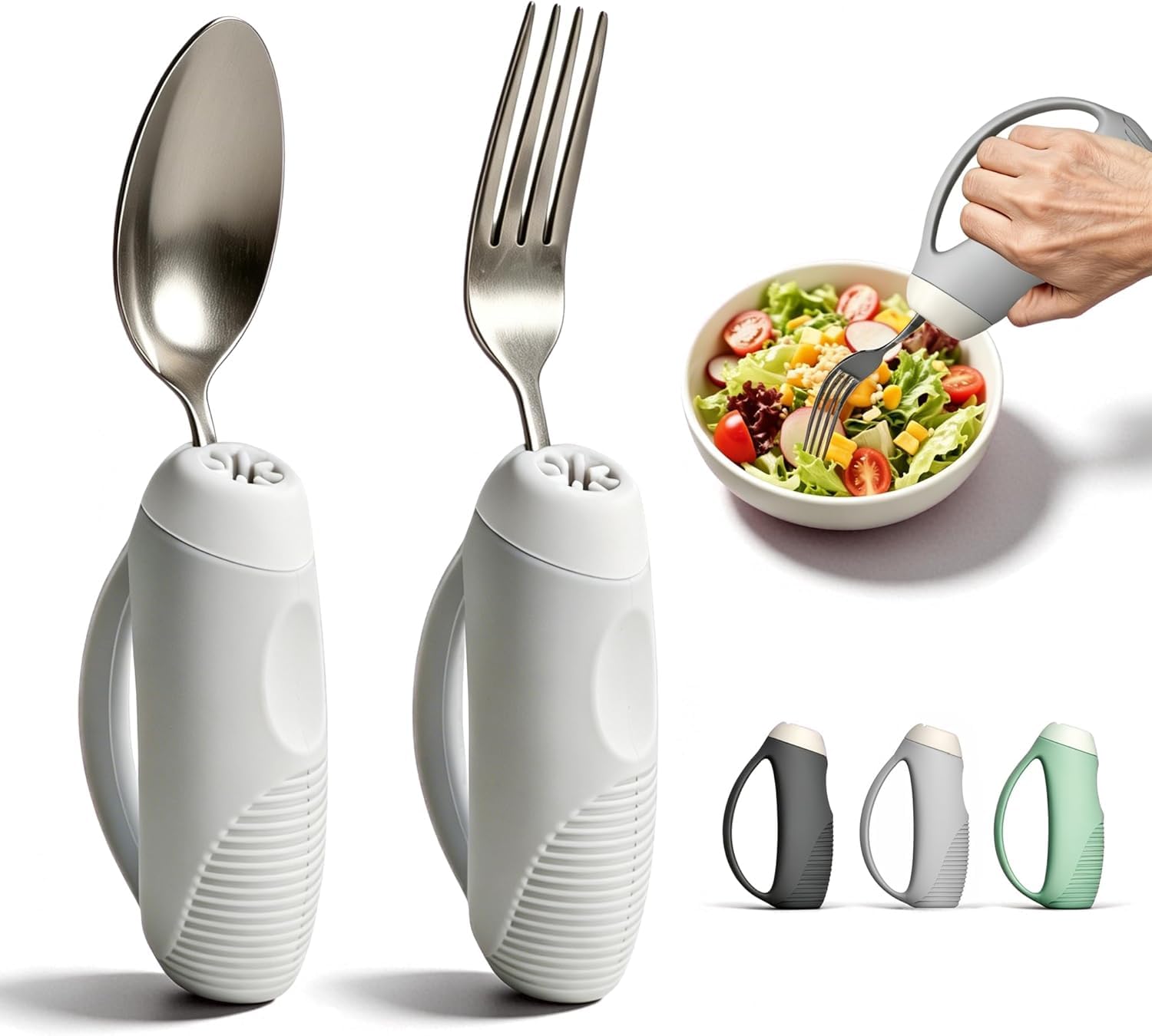 Enlarged easy-grip handles fitted to a spoon and fork